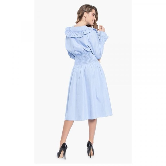 Tory Burch Smocked Cotton Midi Dress Ruffled Yoke Size 4 Blue - Picture 4 of 8